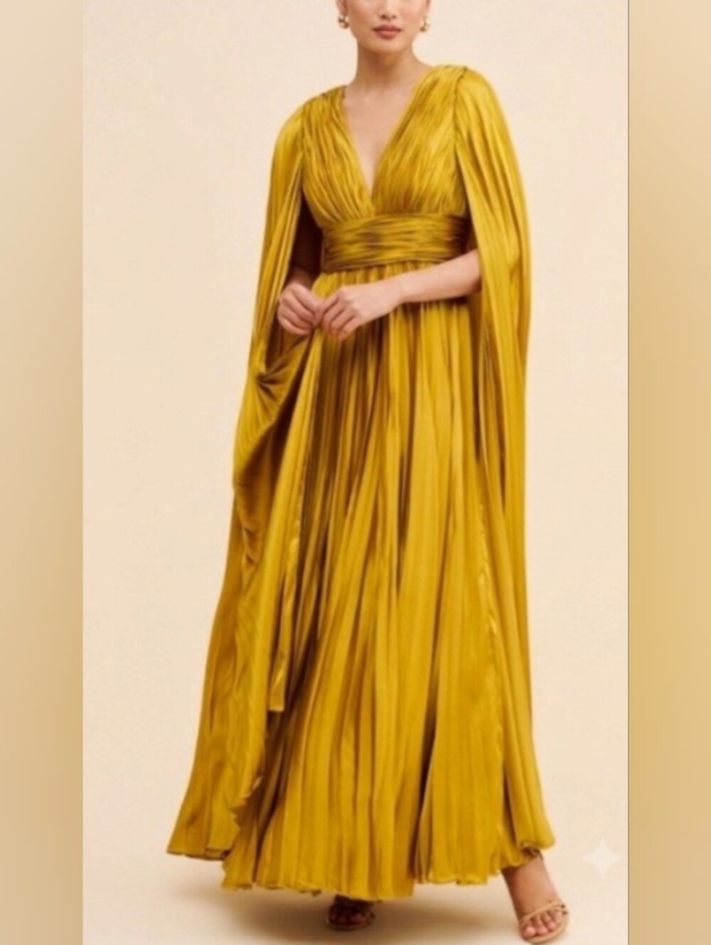 Pleated Charmeuse V-Neck Cape Gown Maxi Dress- Size 10